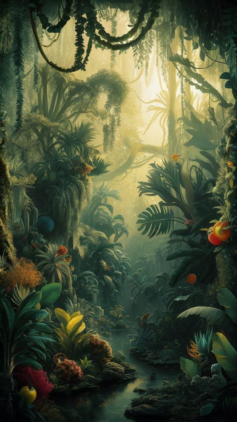 Immerse yourself in a breathtaking jungle wallpaper, where Impressionism meets Surrealism. This vibrant rainforest, alive with exotic plants, sunlight dappling the forest floor, and hidden creatures, invites exploration. Experience the tranquility and whimsy of oversized flora and fauna, rich shades of green, and vivid tropical colors. Perfect for nature lovers, art enthusiasts, and home decor inspiration. Jungle Collage Art, Dark Jungle Aesthetic, Dark Tropical Aesthetic, Jungle Art Tropical, Enchanted Jungle, Jungle Cafe, Biome Project, Jungle Environment, Biomes Project