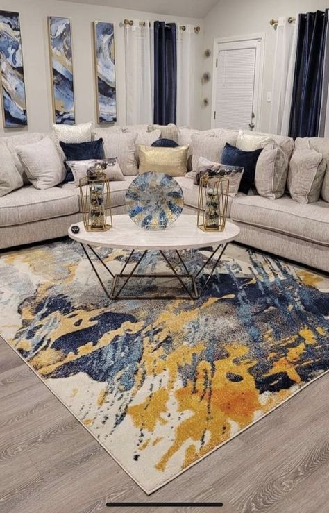 Blue And Yellow Living Room Ideas, Blue White And Gold Living Room, Living Room Wallpaper Ideas, Blue And Gold Living Room, Room Wallpaper Ideas, Navy Living Rooms, Living Room Aesthetic, Navy Blue Living Room, Apartment Decorating Living