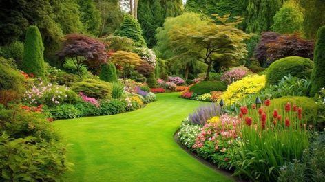 picture of beautiful backyards,backyard,garden,beautiful,nature,outdoor,green,plant,summer,gardening,grass,spring,flower,landscape,natural,park,yard,outside,season,beauty,flowers Lawn With Trees, Om Photo, Summer Gardening, Garden Background, Trees And Flowers, Beauty Flowers, Garden Beautiful, Park Landscape, Grasses Garden