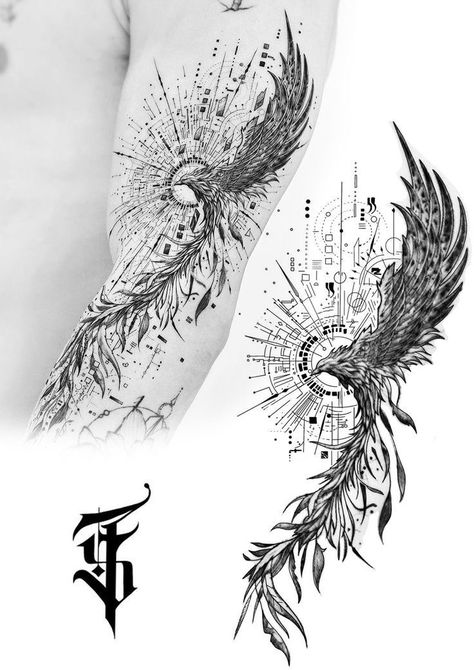 Phinox Tattoo For Men, Greek Phoenix Tattoo, Back Of Tricep Tattoo Men Ideas, Phoenix Geometric Design, Back Phoenix Tattoo For Men, Phoenix Tattoo Man, Phoenix Tattoo Design Men Forearm, Phoenix Sketch Tattoo, Sketch Tattoo Design Men