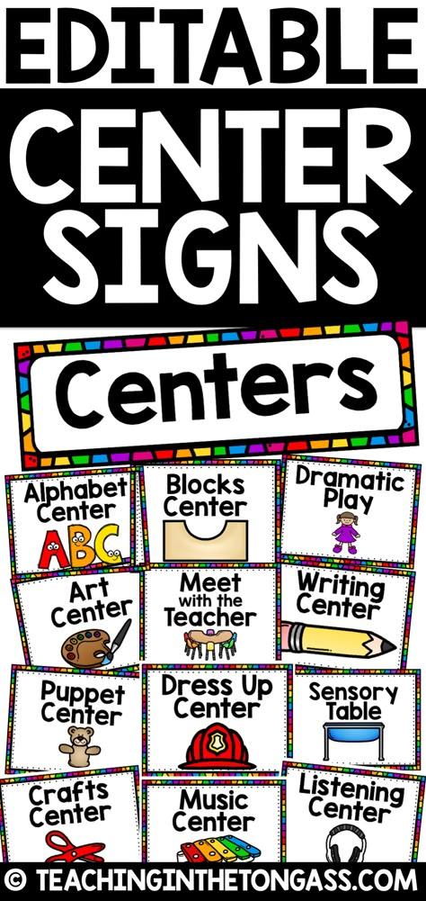 If you’re looking for an easy way to manage your daycare, preschool, kindergarten centers, or first grade centers, I’ve got the solution! These center signs are perfect for using as a center clip chart or center rotation board, whichever you prefer! This resource includes teacher tips and tricks, Centers title card, colored group cards (6 colors), and signs Classroom Center Signs, Preschool Center Signs, Center Chart, Learning Centers Preschool, Center Management, Center Rotations, Preschool Rooms, Transitional Kindergarten, Center Labels