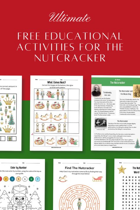 Free printable PDF filled with fun and educational activities for The Nutcracker! Looking for a fun Christmas themed homeschool activity for your child?  Today I’m offering you a free 12 page PDF filled with Nutcracker themed activities! Nutcracker Activities Preschool, Nutcracker Unit Study, Free Nutcracker Printable, Nutcracker Template Free Printable, Nutcracker Activities For Kids, Nutcracker Printables, Christmas Homeschool Activities, Nutcracker Activities, Nutcracker Music