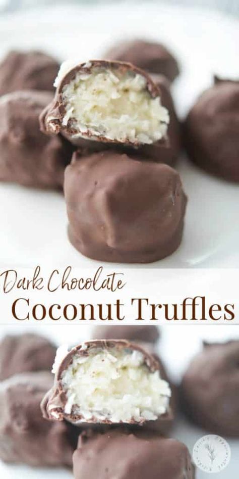 Coconut truffles made with coconut flakes and sweetened condensed milk; then dipped in melted dark chocolate make a tasty treat! Desserts Coconut, Healthy Christmas Treats, Dark Chocolate Coconut, Condensed Coconut Milk, Coconut Truffles, Healthy Christmas, Mousse Recipes, Dessert Options, Homemade Candies