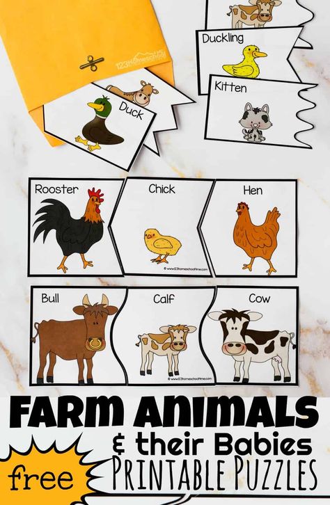 Farm Animals and their Babies Printables Puzzles Animals And Their Babies, Farm Activities Preschool, Farm Animals Preschool, Baby Animal Names, Farm Animals Activities, Farm Theme Preschool, Free Printable Puzzles, Farm Unit, Farm Animals Theme