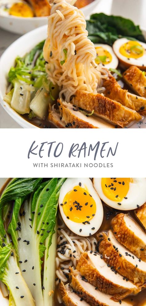 This quick and easy keto ramen is full of flavor and loaded with toppings. This real-deal ramen is so satisfying, made with shirataki noodles and topped with quick marinated ramen eggs, chicken, and bok choy. #lowcarb #keto #soup Ramen Chicken Noodle Soup, Homemade Ramen Broth, Keto Ramen, Ramen Eggs, Ramen Chicken, Ramen Ingredients, Healthy Ramen, Konjac Noodles, Shirataki Noodles