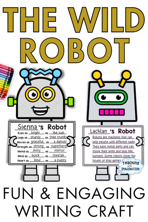 Engage your students with this fun and interactive Wild Robot writing craft! This activity allows students to design their own robot inspired by Peter Brown's hit book, The Wild Robot. This writing robot craft includes multiple templates to create a unique robot that can be used with any writing prompt. A great addition to your reading and writing lessons! Wild Robot Stem Activities, Wild Robot Activities, The Wild Robot Activities, Robot Writing, Elementary Activity, Robot Activity, Upper Elementary Activities, 1st Grade Crafts, Robot Craft