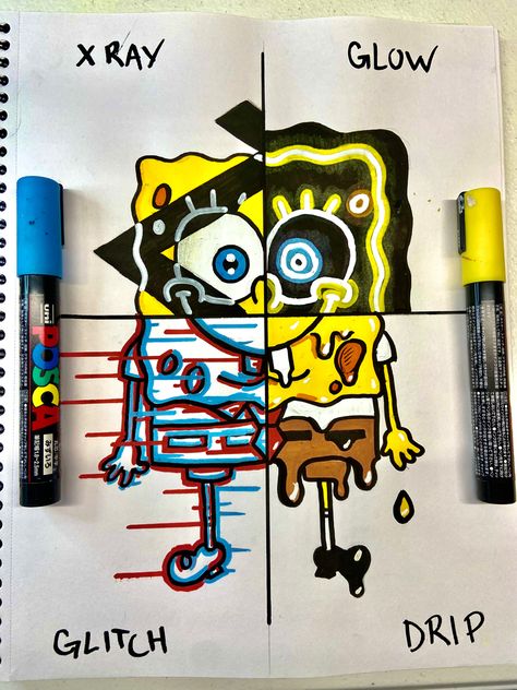 Spongebob Spongebob Glitch Drawing, Cool Things To Draw With Posca Pens, 4 Style Drawing, Drawing With Paint Markers, Posca Marker Drawings, Graffiti Spongebob, Spongebob Drawings Art, Cool Stuff To Draw Easy, Cool Marker Drawings