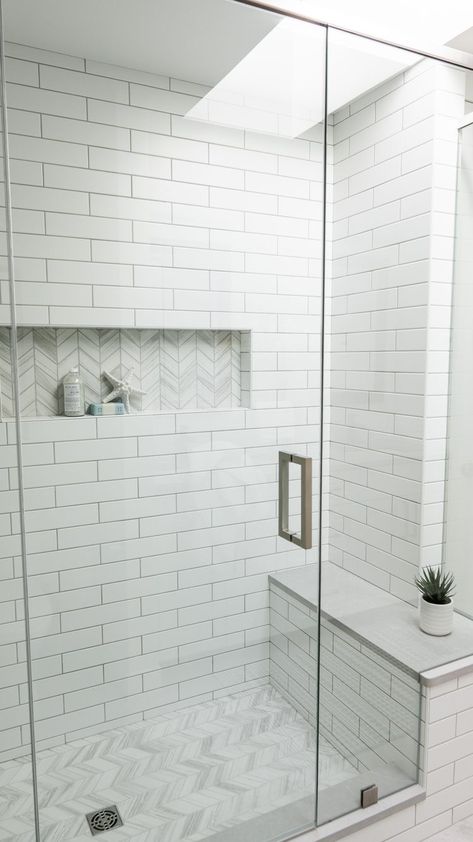 Shower Tile Up To Ceiling, Shower Ledge And Bench, White Chevron Tile Bathroom, Grey Ensuite, Herringbone Shower Floor, Herringbone Shower Tile, Master Bath Shower Tile, Bathroom Skylight, Master Shower Tile