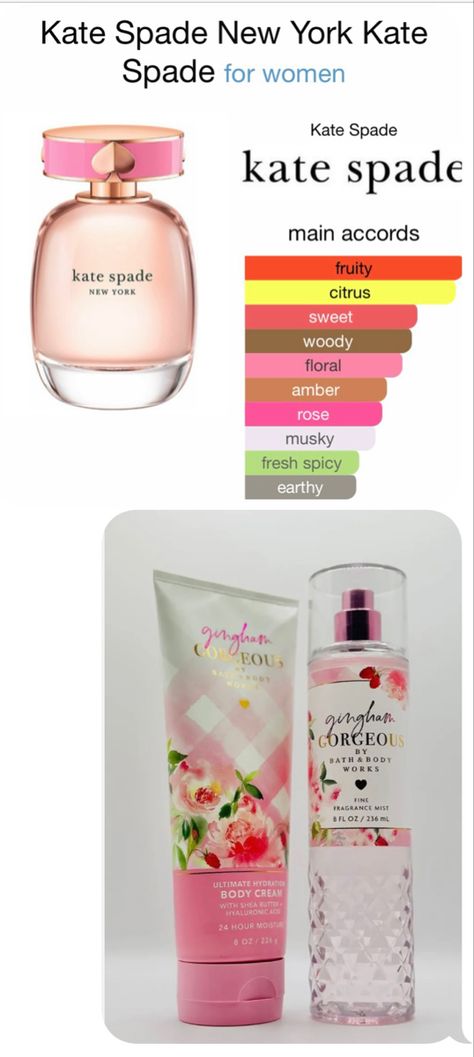 Kate Spade Perfume Fragrance, Kate Spade Cherie Perfume, Weddig Dresses, Bath And Body Works Layering Combos, Gingham Gorgeous Scent Combo, Bath Body Works Perfume, Gingham Bath And Body Works, Sweet Like Candy Perfume Layering, Gingham Gorgeous Bath And Body Works