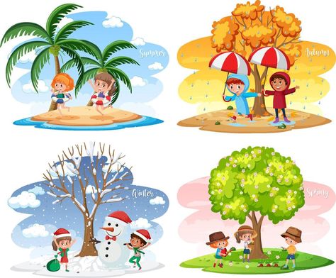 Kids Clipart Free, Four Seasons Painting, Weather Activities Preschool, Seasons Chart, Four Seasons Art, Seasons Preschool, Clown Crafts, Preschool Designs, Yarn Crafts For Kids