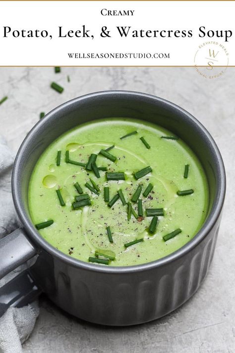 Creamy Potato, Leek, & Watercress Soup Bean Soup Mexican, Easy Soup Recipes Quick, Soup Recipes Quick, Korean Soup Recipes, Soup Sausage, Whole30 Soup, Watercress Recipes, Soup Mushroom, Watercress Soup