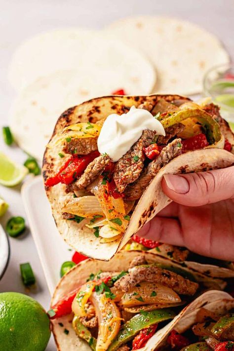 Easy Steak Tacos, Lime Cilantro Rice, Easy Steak Fajitas, Fajita Mix, Fajita Tacos, Steak Fajita Recipe, Cilantro Rice, Easy Steak, Steak Tacos