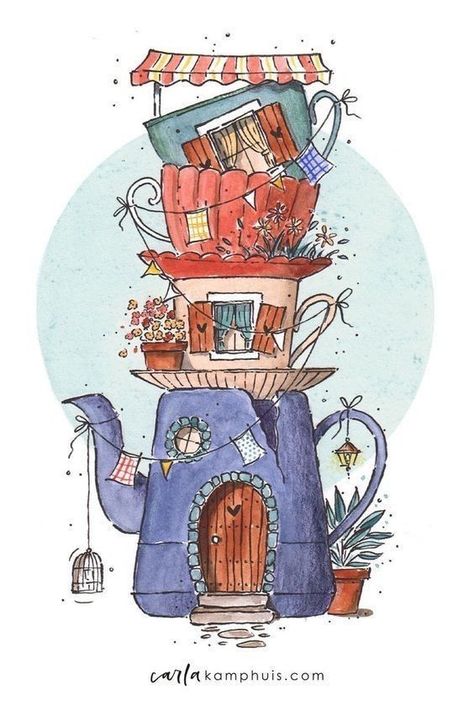 Fantasy Drawings Ideas, Tea Set Drawing Illustrations, Tea House Illustration, Teapot House Illustration, Teapot House Drawing, Surreal Art Drawing Easy, Fantasy House Drawing, Teapot Sketch, Watercolor Coloring Pages