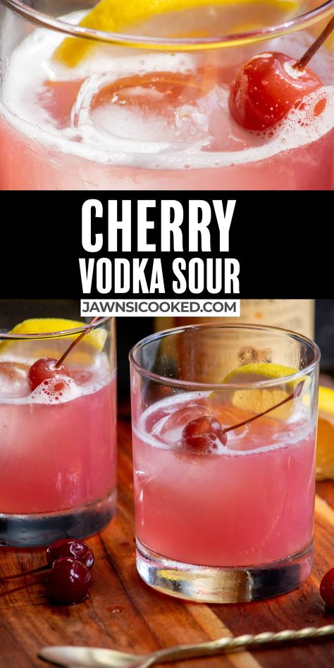 This easy, fresh and citrusy Cherry Vodka Sour comes together in a few minutes with fresh lemon juice, grapefruit juice, and some maraschino cherry syrup. Add your favorite vodka and you've got a delicious and simple vodka sour that goes down super easy! Cherry Juice Cocktail Recipes, Titos Vodka Drinks, Cherry Vodka Drinks, Vodka Sour Recipe, Titos Vodka Recipes, Cherry Vodka Sour, Sprite Recipe, Vodka Sour, Pomegranate Margarita