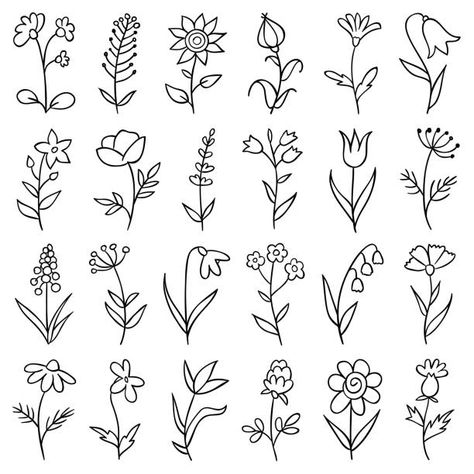 Hand drawn flowers Small Flower Drawings, Flowers Outline, Simple Flower Drawing, Spring Drawing, Plant Doodle, Drawn Flowers, Flower Outline, Floral Drawing, Pola Sulam