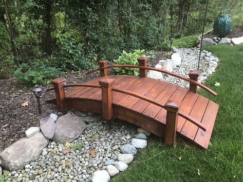 Stream Bridge Ideas, Small Bridge In Garden, Wooden Garden Bridge Ideas, Backyard Pond Bridge, Diy Small Bridge For Garden, Wooden Bridge Garden, Small Bridges Over Creek, Small Wooden Bridge Garden, Yard Bridge