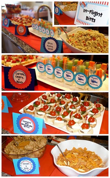 In Flight Snacks Party, Airplane Birthday Party Food, Airplane Party Food, Airplane Themed Birthday Party, Airplane Party Theme, Birthday Party Food Ideas, Plane Birthday, Planes Birthday Party, Airplane Food