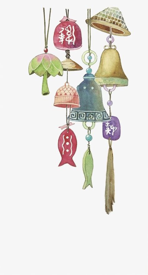 Japanese Wind Chimes, Japon Illustration, China Art, Japan Art, Chinese Painting, Chinese Art, Asian Art, Japanese Art, Wind Chimes