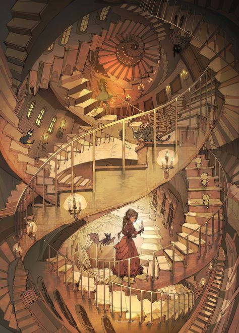 Staircase Art, Matte Painting, Dessin Adorable, 판타지 아트, Dreamy Art, Alam Yang Indah, Fantasy Landscape, Student Art, Fantasy World