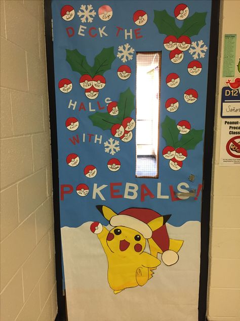 Deck The Doors Christmas School, Deck The Doors Christmas Contest, Disney Christmas Classroom Door Ideas, Disney Christmas Door Decorations, Easy Classroom Door Ideas, Pokemon Club, Winter Classroom Door, Teacher Door Decorations, Christmas Pokemon