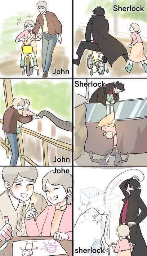 Johnlock Parentlock Sherlock and Rosie <<< HA HA HA THE ARTIST USES MEMES FOR SHERLOCK XD Johnlock Parentlock, Sherlock Meme, Johnlock Fanart, Sherlock Holmes John Watson, Sherlock Holmes Benedict, Funny Sherlock, Watson Sherlock, Benedict And Martin, Mrs Hudson