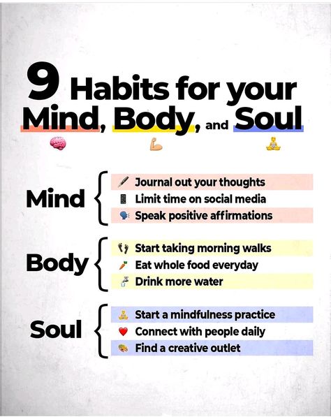 9 habits for your mind body, and soul. #mind #body #soul #habits #success #motivation. Mental Cleanse, Wellness Era, Mind Body Soul Spirit, Body Mind Soul, Setting Intentions, Healing Journaling, Spiritual Knowledge, Building Self Esteem, Balanced Life