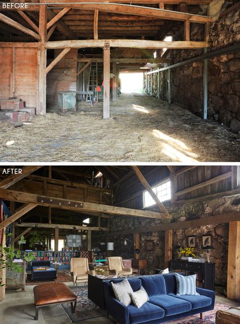 Emily Henderson Samsung The Frame Louise Roe The Barn Soho Lounge Before And After 04 Barn Makeover, Converted Barn Homes, Barn Conversion Interiors, Soho Lounge, Barn Remodel, Minimalist Studio, Barn Loft, Samsung The Frame, Barn Living