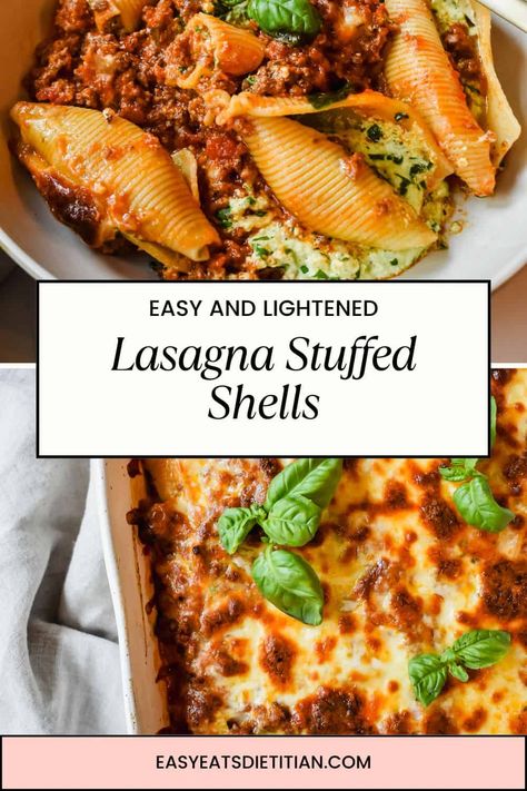 Lasagna Stuffed Shells Italian Stuffed Pasta Shells, Lasagna Shells, Lasagna Shells Stuffed, Ricotta Stuffed Shells, Beef Stuffed Shells, Stuffed Shells With Meat And Ricotta, Dietician Recipes, Beef Stuffed Shells Ricotta, Spinach Ricotta Stuffed Shells