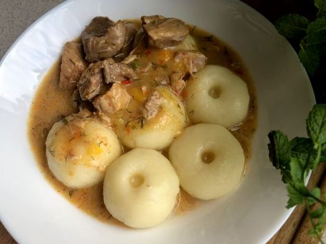 Polish pork stew with Kluski Śląskie - Cook In Polish - Traditional Recipes Polish Potato Dumplings, Polish Food Recipes, Pork Stew Recipes, Poland Food, Popular Side Dishes, Raw Potato, Pork Stew, Potato Dumplings, Polish Food