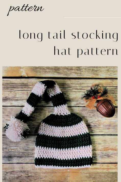 This crochet hat pattern is both simple to make and customize, ensuring it's a hit with your little ones. Crocheted from the top down, the long stocking cap allows for easy adjustment of the tail's length. Crochet Stocking Cap Free Pattern, Crochet Long Stocking Cap Free Pattern, Long Stocking Hat Knit Pattern, Stocking Hat Crochet Pattern Free, Stocking Cap Crochet Pattern, Long Santa Hat Crochet Pattern, Clover Pom Pom Maker, Simple Sewing Tutorial, Easy Crochet Hat Patterns