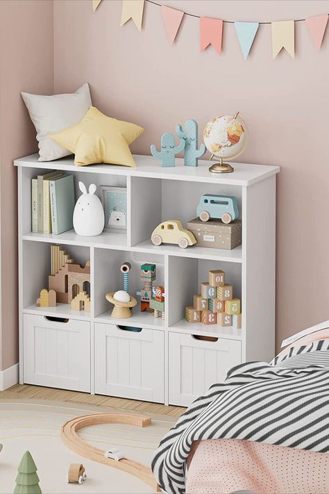 Toy Storage Nursery, White Bookcases, Living Room Toy Storage, Baby Room Storage, Baby Toy Storage, Storage Cubbies, Kids Storage Units, Toy Storage Organizer, Diy Toy Storage