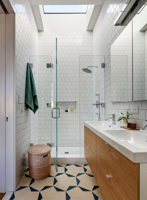 Contemporary bathroom with double sink and walk-in shower along with skylight and tile walls. Photo Credit: Francis Dzikowski/OTTO Skylight Design, Simple Bathroom Designs, Walk In Shower Designs, Shower Niche, Big Bathrooms, Small Bathroom Design, Glass Shower Doors, The Shower, Shower Design