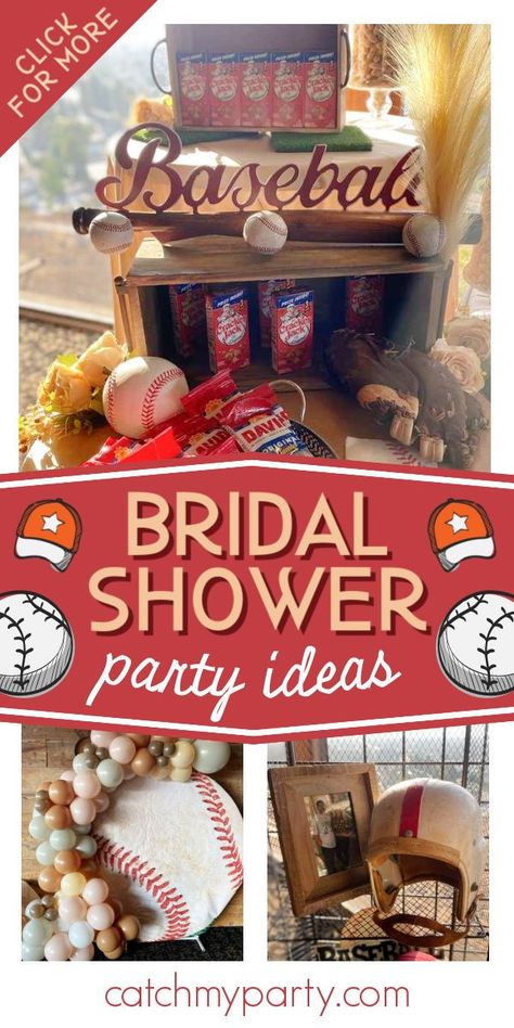 Check out this wonderful vintage sport-themed bridal shower! The party decorations are fantastic! See more party ideas and share yours at CatchMyParty.com Softball Bridal Shower Ideas, Sports Bridal Shower Theme, Sports Theme Bridal Shower Ideas, Baseball Themed Bridal Shower Ideas, Vintage Baseball Theme Party, Baseball Bridal Shower Ideas, Baseball Wedding Ideas, Baseball Wedding Shower, Vintage Baseball Party