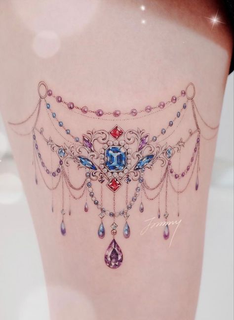 Feminine Watercolor Tattoos, Gem Tattoos For Women, Jewelry Tattoos For Women, Chain Tattoos For Women, Jewel Tattoos, Jewellery Tattoo, Jewlery Tattoo, Daisy Chain Tattoo, Thigh Garter Tattoo