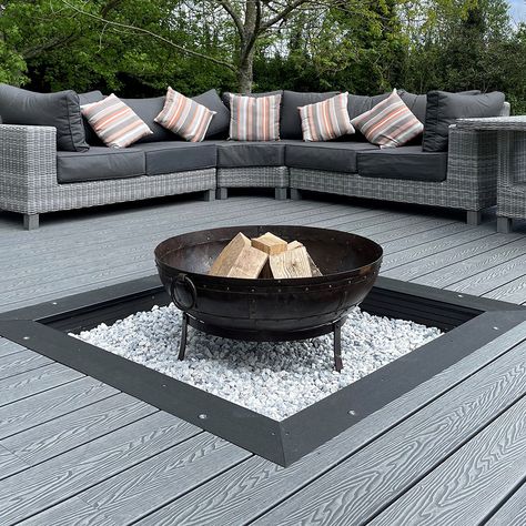 Decking With Fire Pit, Decking Fire Pit, Composite Decking Garden, Large Decking Area Ideas, Composite Deck With Fire Pit, Composite Patio Ideas, Garden Decking Ideas Layout Patio Design, Composite Decking Ideas Garden, Composite Decking Pool