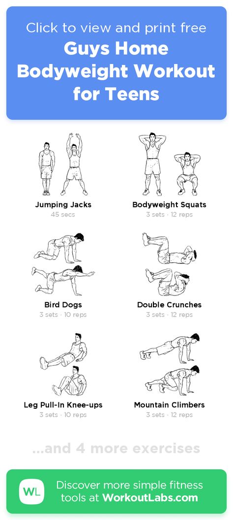 Free 16-min Guys Home Bodyweight Workout for Teensworkout trains your AbsBackChest and LegsFollow this free 10-exercise routine with step-by-step demonstrations for women and men in the WorkoutLabs Fit mobile app (s://wlabs.me/fit-ios-appor in your browserEnjoy Workout For Guys At Home, Boys Workout Routine, Teen Boy Workout Routine At Home, Bodyweight Workout Beginner At Home, Exercise For Age 13, Workout Routine At Home For Teens, Workouts For Teenage Boys, Teen Boy Workout Routine, Jojo Workout