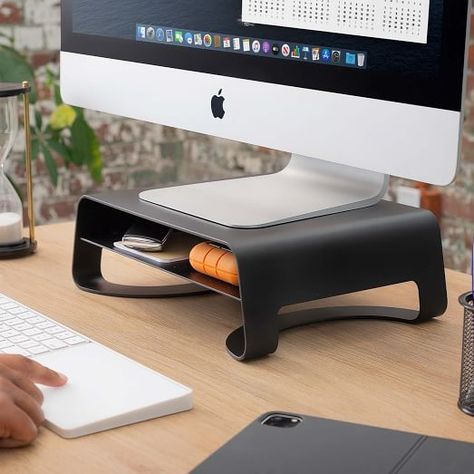 Modern Desk & Home Office Accessories | West Elm Desk Clutter, Modern Desk Accessories, Curved Monitor, Desk Riser, Small Gadgets, Monitor Riser, Printer Stand, Office Cubicle, Cubicle Decor