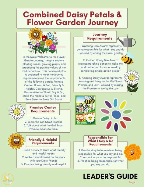 Cover all petals and the Garden Journey in 6 sessions! Daisy Journey Ideas, Daisy Flower Garden Journey, Girl Scout Daisy Petals, Daisy Flower Garden, Girl Scout Daisy Activities, Girl Scout Gold Award, Girl Scout Meeting Ideas, Girl Scout Law, Girl Scout Cookies Booth