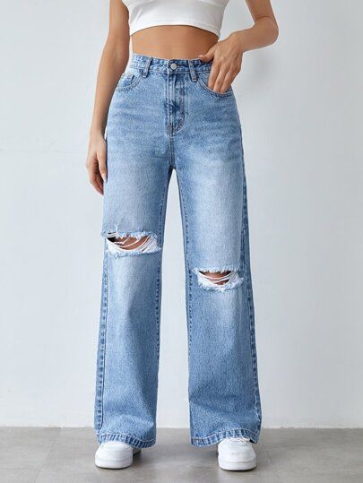 Baggy Jeans For Girl, Baggy Denim Wide-leg Pants, Baggy High-waisted Denim Blue Bottoms, Shein Jeans Baggy, Blue Baggy Full-length Jeans, Ripped Wide Leg Jeans, Denim Pants Outfit, Wide Leg Outfit, Snap Snapchat