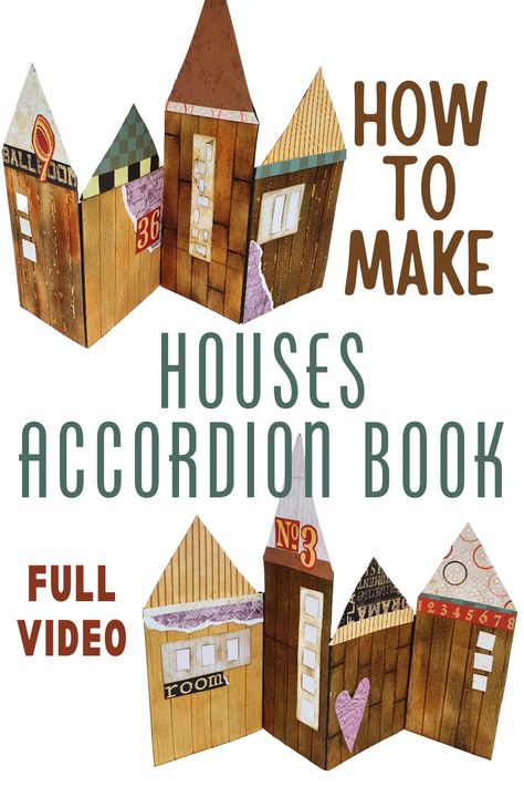 How to make a houses accordion book. Learn this special technique of creating an accordion mini book in the shape of double sided houses and learn how to make different wooden textures for each house House Shaped Book, Accordion Book Diy, Accordion Mini Album Tutorial, Diy Books For Kids, How To Make A Book, Cardboard Books, Accordion Books, Accordian Book, Book Folding Templates