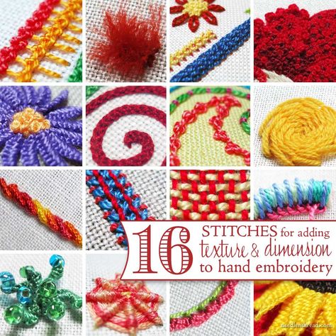 16 hand embroidery stitches to add texture and dimension to your projects, with tutorials for all of them! Embroidery Stitch, Needlepoint Stitches, Embroidery Stitches Tutorial, Needlework Embroidery, Brazilian Embroidery, Crewel Embroidery, Hand Embroidery Stitches, Embroidery Craft, Hand Embroidery Patterns