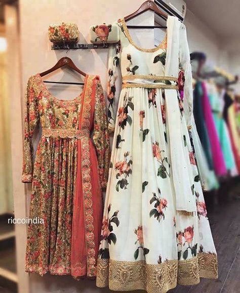 Custommade gold Anarkali and white floral Anarkali with custom clutches White Floral Anarkali, Floral Anarkali Dresses, Gold Anarkali, Floral Anarkali, Designer Anarkali Dresses, Long Frock Designs, Long Gown Dress, Long Dress Design, Kurta Neck Design