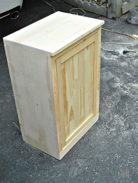 Wood Tilt Out Trash Or Recycling Cabinet, Diy Wooden Trash Can Holder, Diy Trash Can Cabinet, Wood Trash Can Holder, Wooden Trash Can Holder, Kitchen Garbage Can Storage, Hidden Trash Can Kitchen, Wooden Trash Can, Wood Trash Can