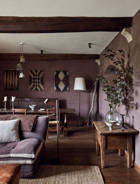 A magical house on Dartmoor given fresh life and warmth by Retrouvius | House & Garden Dark Purple Walls, Oak Banister, 17th Century House, Purple Paint Colors, Elm Coffee Table, Magical House, Flooring Trends, Paint Inspiration, Brick Flooring