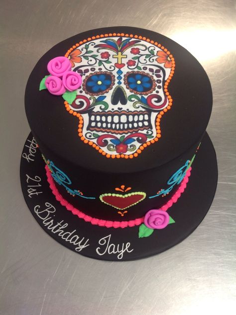 Day of the Dead, skull, Halloween theme cake - Day of the dead, skull, Halloween themed cake with fluoro icing and edible image skull Sugar Skull Birthday, Skull Cakes, Sugar Skull Cakes, Day Of The Dead Cake, Halloween Torte, Skull Cake, Den Mrtvých, Cake Day, Gateaux Cake