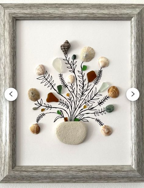 Seashell And Rock Crafts, Beach Stones Decoration, Seashell Home Decor Diy, Broken Glass Artwork Ideas, Art With Shells Seashells Diy Ideas, Diy Sea Shells Decorations, Beach Rocks Crafts Diy, Easy Sea Glass Art, Seashell Canvas Art Diy