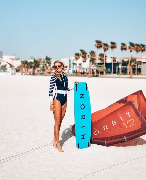 Pro Kite Surfer @travelactivewithme ready to hit the wind and waves, wearing the Sulawesi women's surf suit in Nautical! ❤️‍🔥💦⁠ ⁠ Kite Beach, Surfing Swimwear, Long Sleeve Swimwear, Surf Suit, Long Sleeve Swimsuit, Sustainable Swimwear, Kitesurfing, Windsurfing, Kites