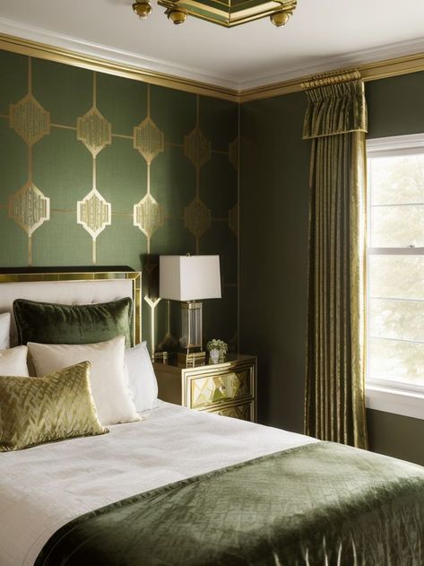 Create an art deco-inspired bedroom by incorporating a statement wallpaper featuring geometric patterns in shades of green and gold. Complete the look with velvet curtains, a brass-framed bed, and metallic accents throughout the room for a glamorous touch. Gatsby Bedroom, Hollywood Regency Bed, Regency Bedroom, Hollywood Regency Bedroom, Statement Wallpaper, Art Deco Wall Art, Green Art Deco, Art Deco Bedroom, Deco Bedroom