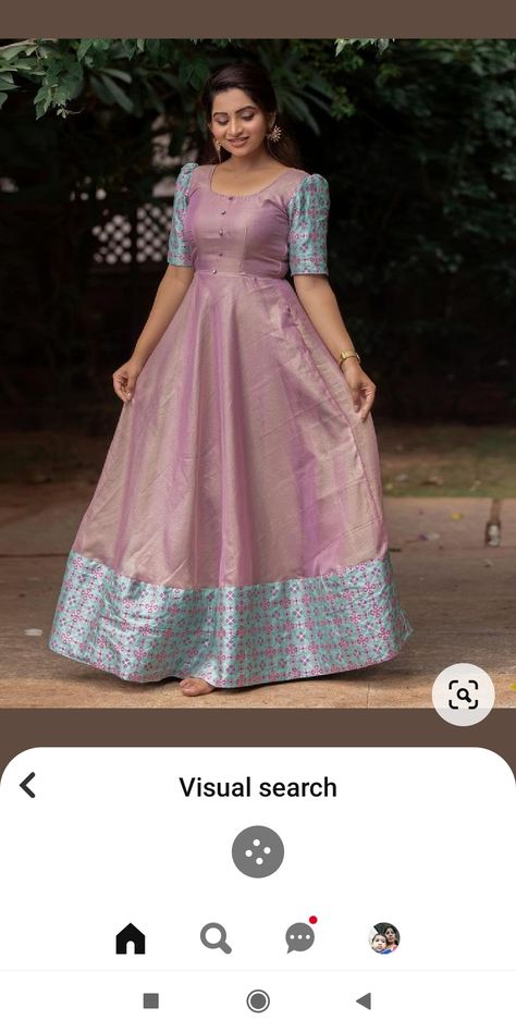 Maxi Dress Models For Stitching, Pattu Maxi Dress, Puff Hands Designs For Long Frocks, Long Frock Models Traditional, Long Frock Stitching Ideas, Pattu Chudidhar Models For Stitching, Traditional Maxi Dress Indian, Pattu Saree Frocks Designs, Pattupavadai Designs For Women