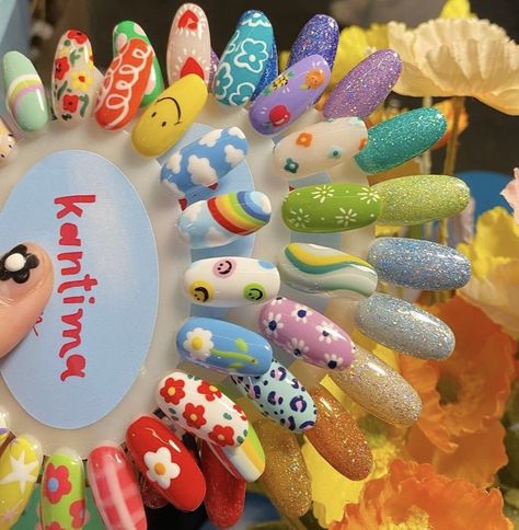 Nail Display Ideas, Cereal Nails, Candy Nails Designs, Kidcore Nails, Doodle Nails, Candy Nail Art, Dot Nail Art Designs, Nail Art Wheel, Nail Art Display